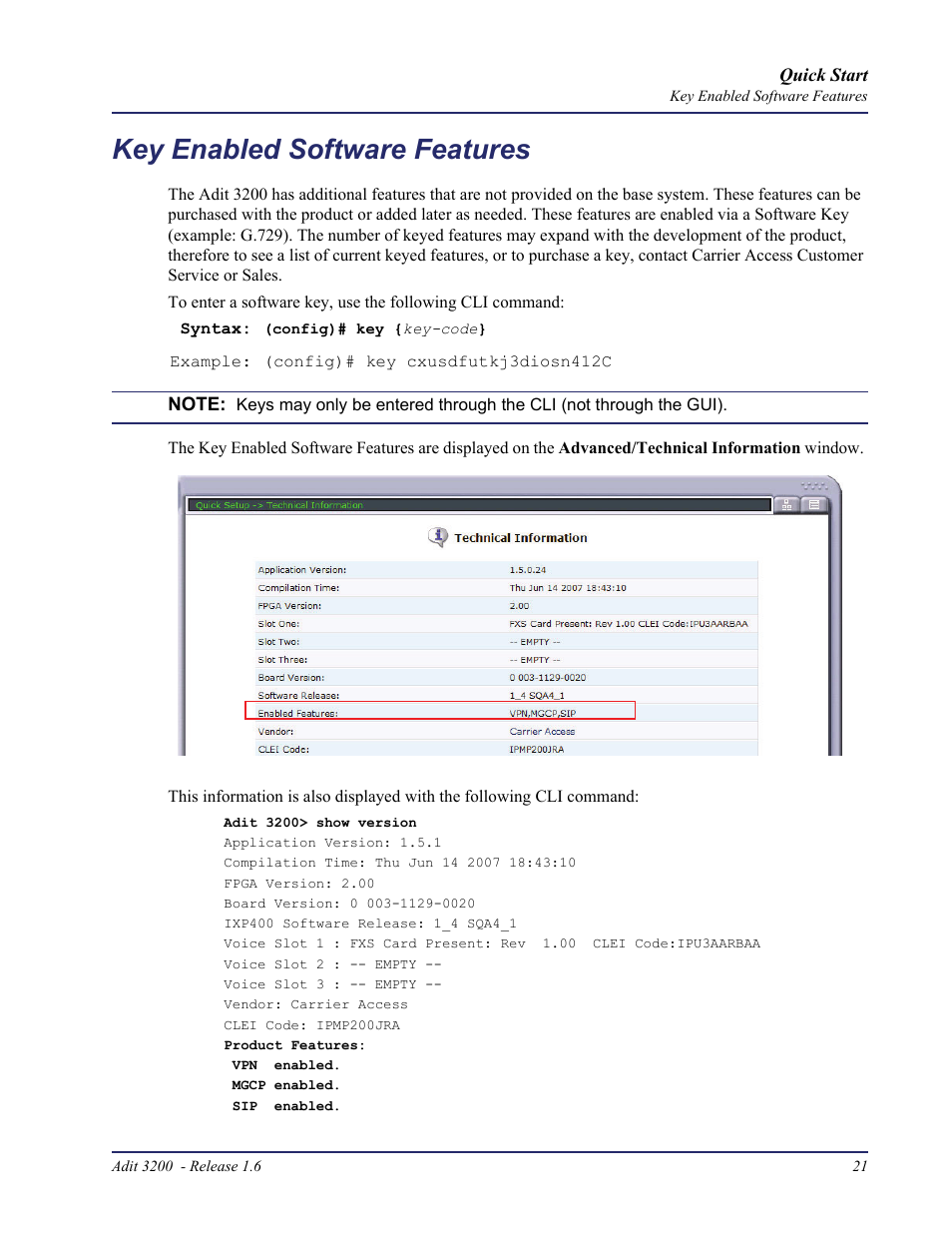 Key enabled software features | Carrier Access Adit 3200 User Manual | Page 21 / 28
