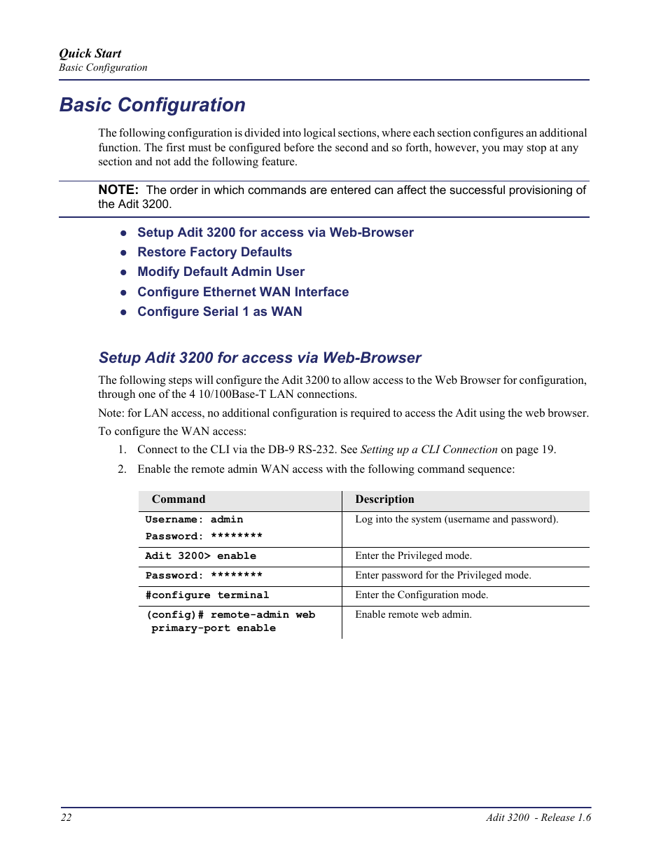 Basic configuration, Setup adit 3200 for access via web-browser | Carrier Access Adit 3200 User Manual | Page 22 / 28
