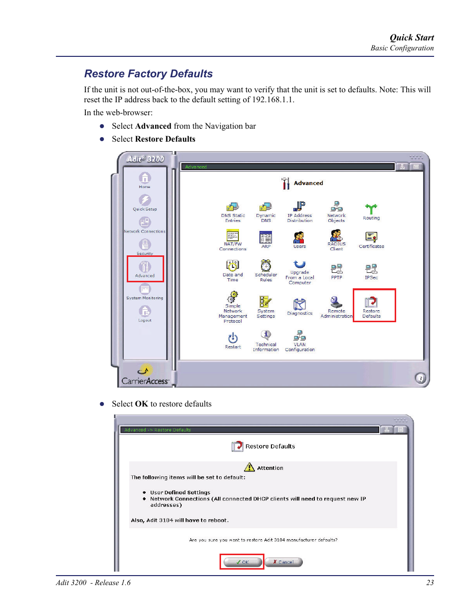 Restore factory defaults | Carrier Access Adit 3200 User Manual | Page 23 / 28