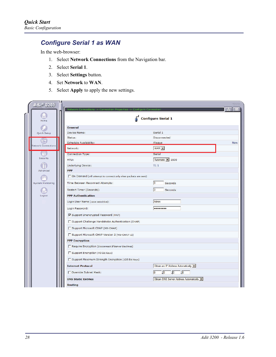 Configure serial 1 as wan | Carrier Access Adit 3200 User Manual | Page 28 / 28
