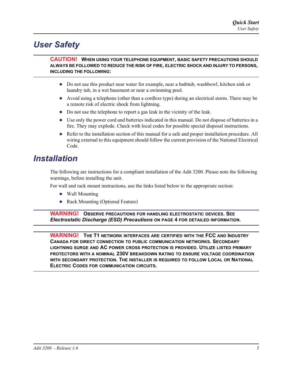 User safety, Installation | Carrier Access Adit 3200 User Manual | Page 5 / 28