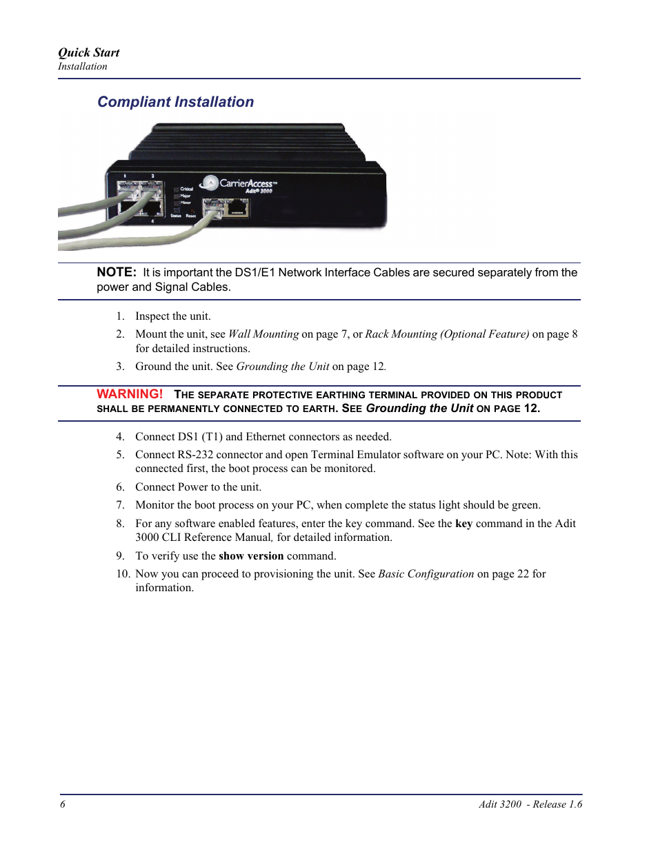 Compliant installation | Carrier Access Adit 3200 User Manual | Page 6 / 28