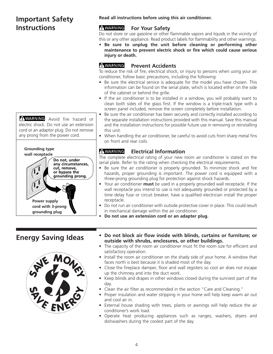 Important safety instructions, Energy saving ideas | Carrier Access 52F Series User Manual | Page 4 / 8