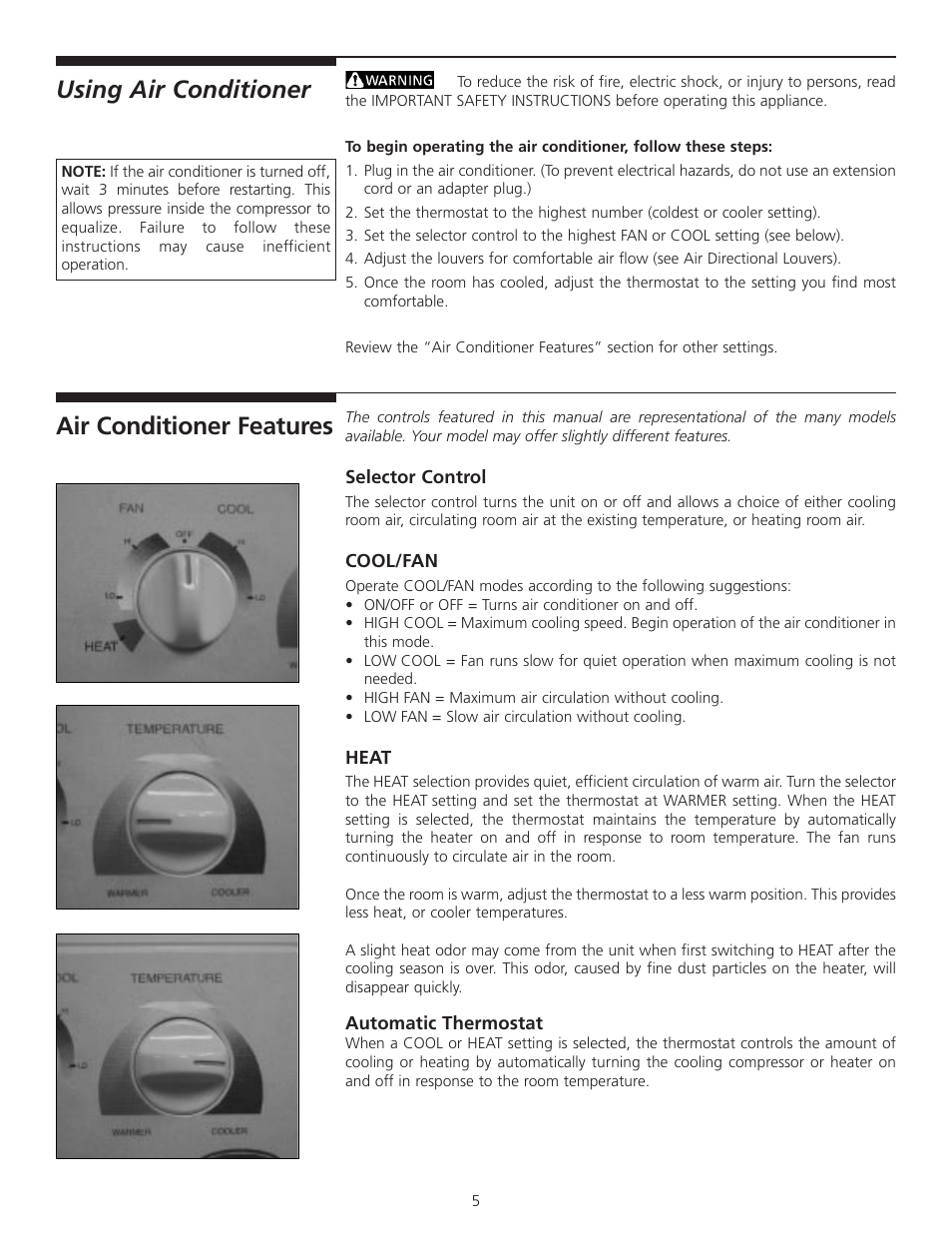Using air conditioner, Air conditioner features | Carrier Access 52F Series User Manual | Page 5 / 8