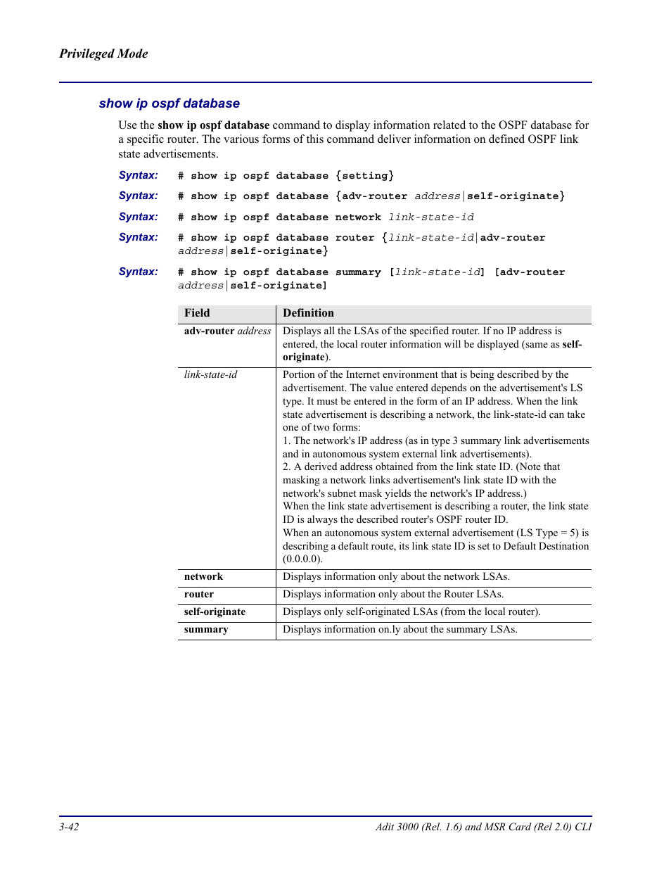 Show ip ospf database | Carrier Access Adit 3000 Series and Multi-Service Router (MSR) Card none User Manual | Page 100 / 496