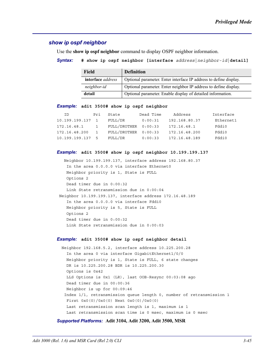 Show ip ospf neighbor | Carrier Access Adit 3000 Series and Multi-Service Router (MSR) Card none User Manual | Page 103 / 496