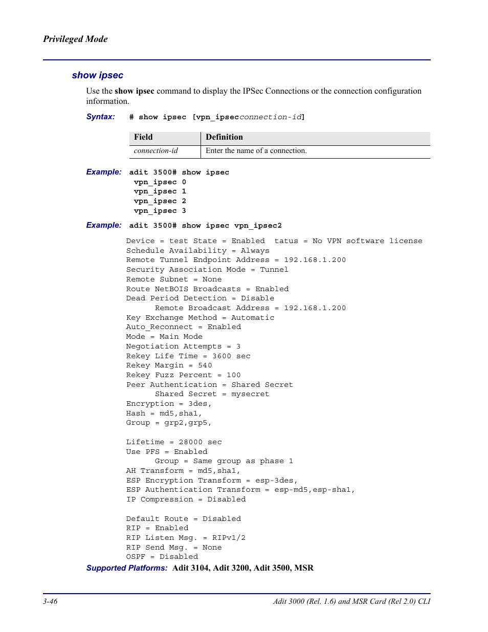 Show ipsec | Carrier Access Adit 3000 Series and Multi-Service Router (MSR) Card none User Manual | Page 104 / 496