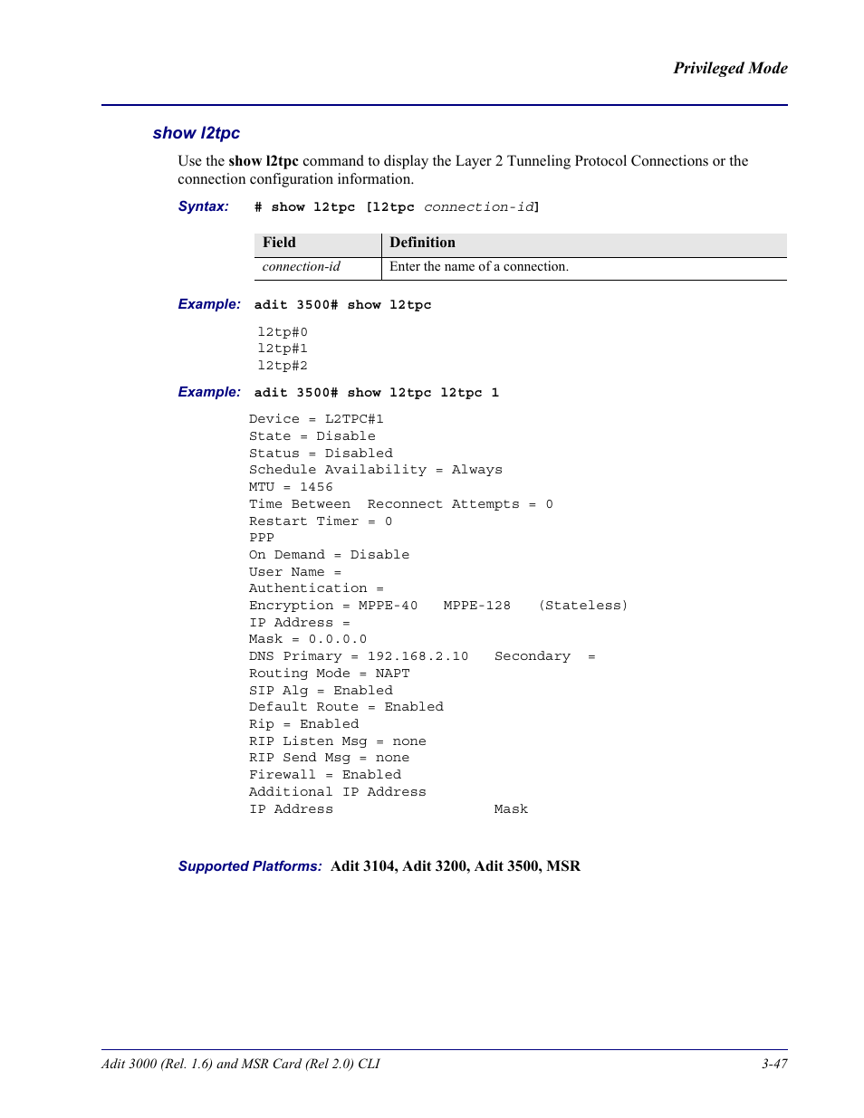 Show l2tpc | Carrier Access Adit 3000 Series and Multi-Service Router (MSR) Card none User Manual | Page 105 / 496