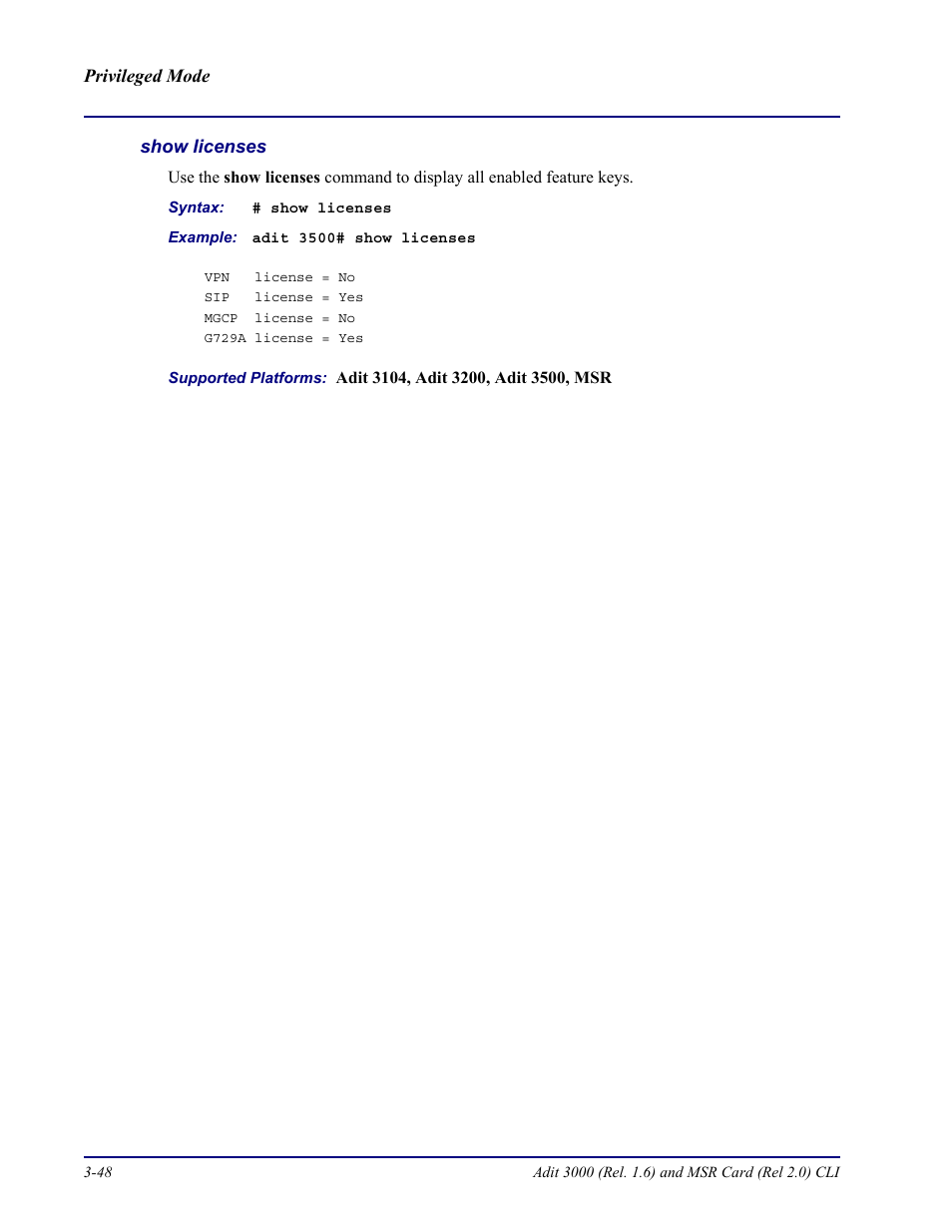 Show licenses | Carrier Access Adit 3000 Series and Multi-Service Router (MSR) Card none User Manual | Page 106 / 496