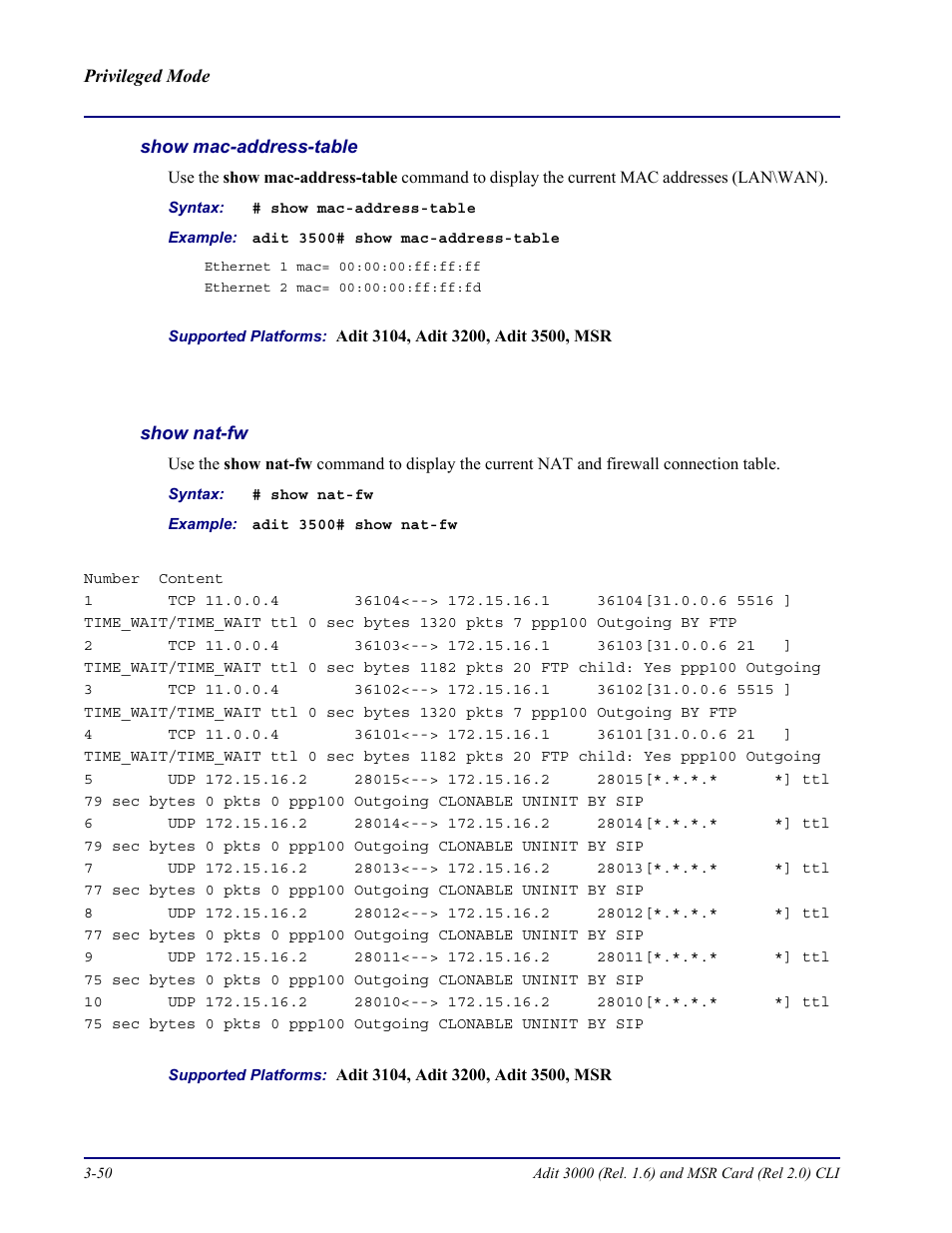 Show mac-address-table, Show nat-fw | Carrier Access Adit 3000 Series and Multi-Service Router (MSR) Card none User Manual | Page 108 / 496