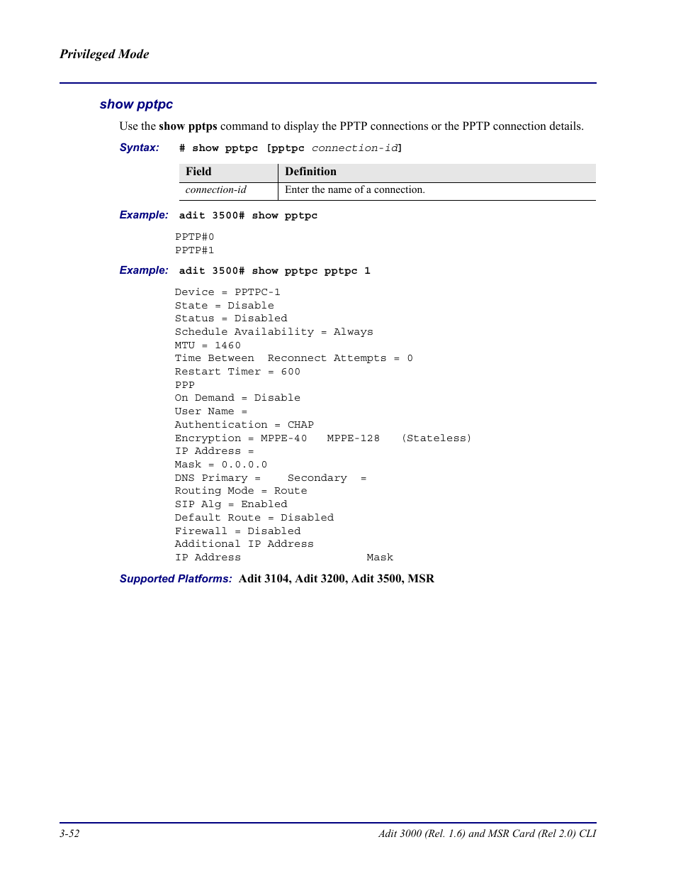 Show pptpc | Carrier Access Adit 3000 Series and Multi-Service Router (MSR) Card none User Manual | Page 110 / 496