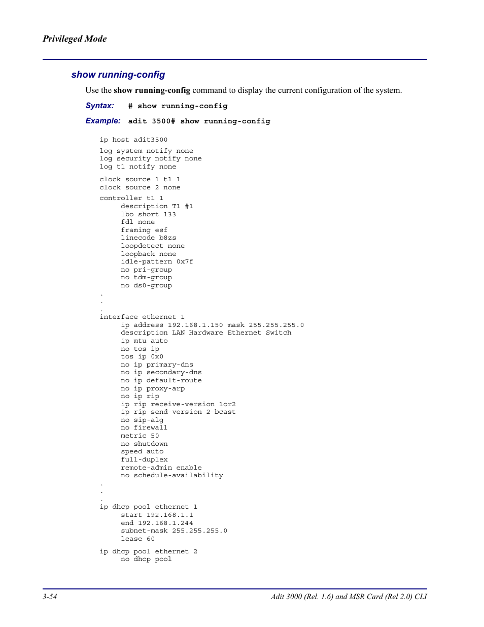 Show running-config | Carrier Access Adit 3000 Series and Multi-Service Router (MSR) Card none User Manual | Page 112 / 496