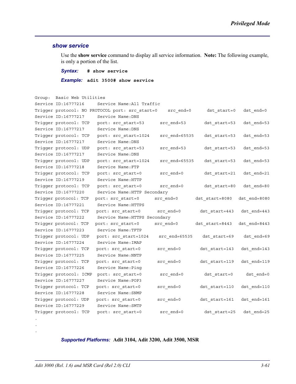 Show service, Privileged mode show service | Carrier Access Adit 3000 Series and Multi-Service Router (MSR) Card none User Manual | Page 119 / 496