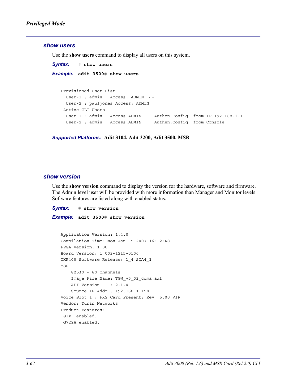 Show users, Show version | Carrier Access Adit 3000 Series and Multi-Service Router (MSR) Card none User Manual | Page 120 / 496