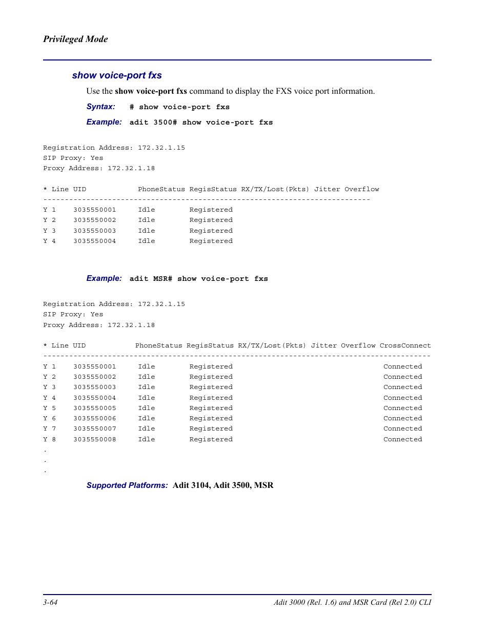Show voice-port fxs | Carrier Access Adit 3000 Series and Multi-Service Router (MSR) Card none User Manual | Page 122 / 496