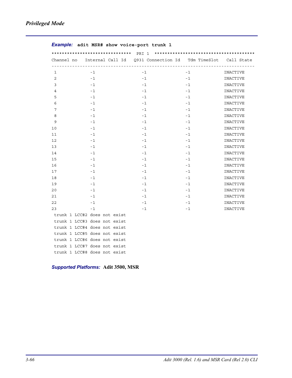 Privileged mode | Carrier Access Adit 3000 Series and Multi-Service Router (MSR) Card none User Manual | Page 124 / 496