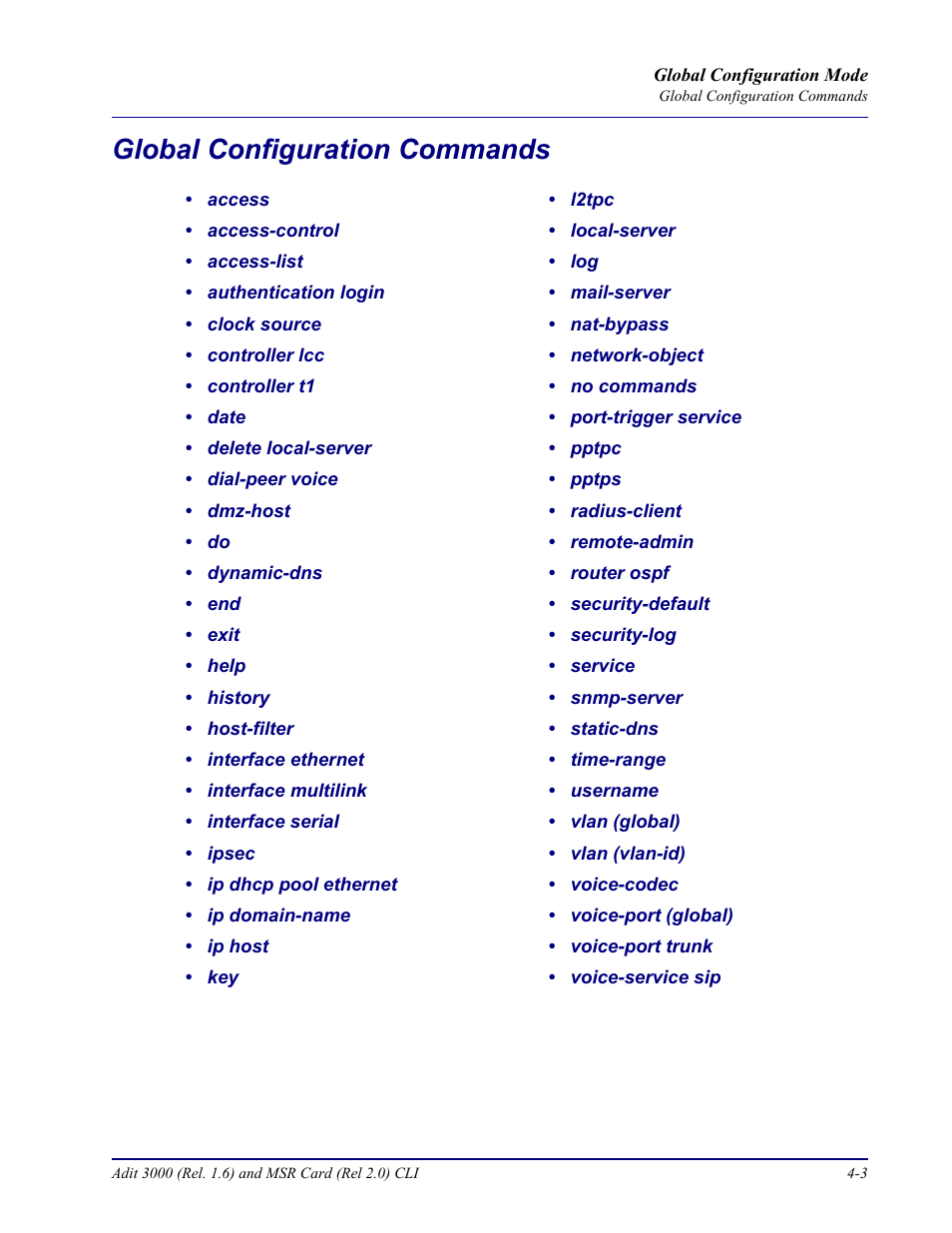 Global configuration commands, Global configuration commands -3 | Carrier Access Adit 3000 Series and Multi-Service Router (MSR) Card none User Manual | Page 129 / 496