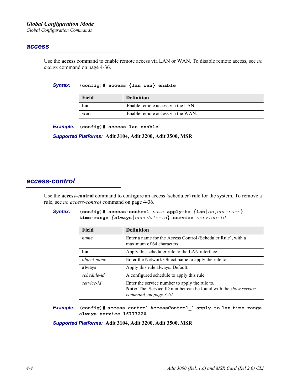 Access, Access-control, Access -4 access-control -4 | Carrier Access Adit 3000 Series and Multi-Service Router (MSR) Card none User Manual | Page 130 / 496