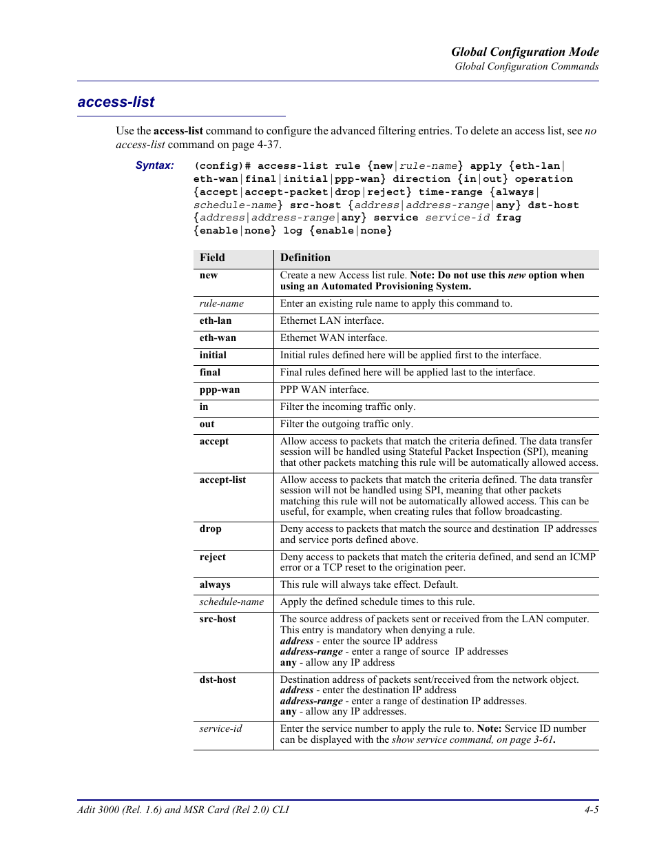 Access-list, Access-list -5 | Carrier Access Adit 3000 Series and Multi-Service Router (MSR) Card none User Manual | Page 131 / 496