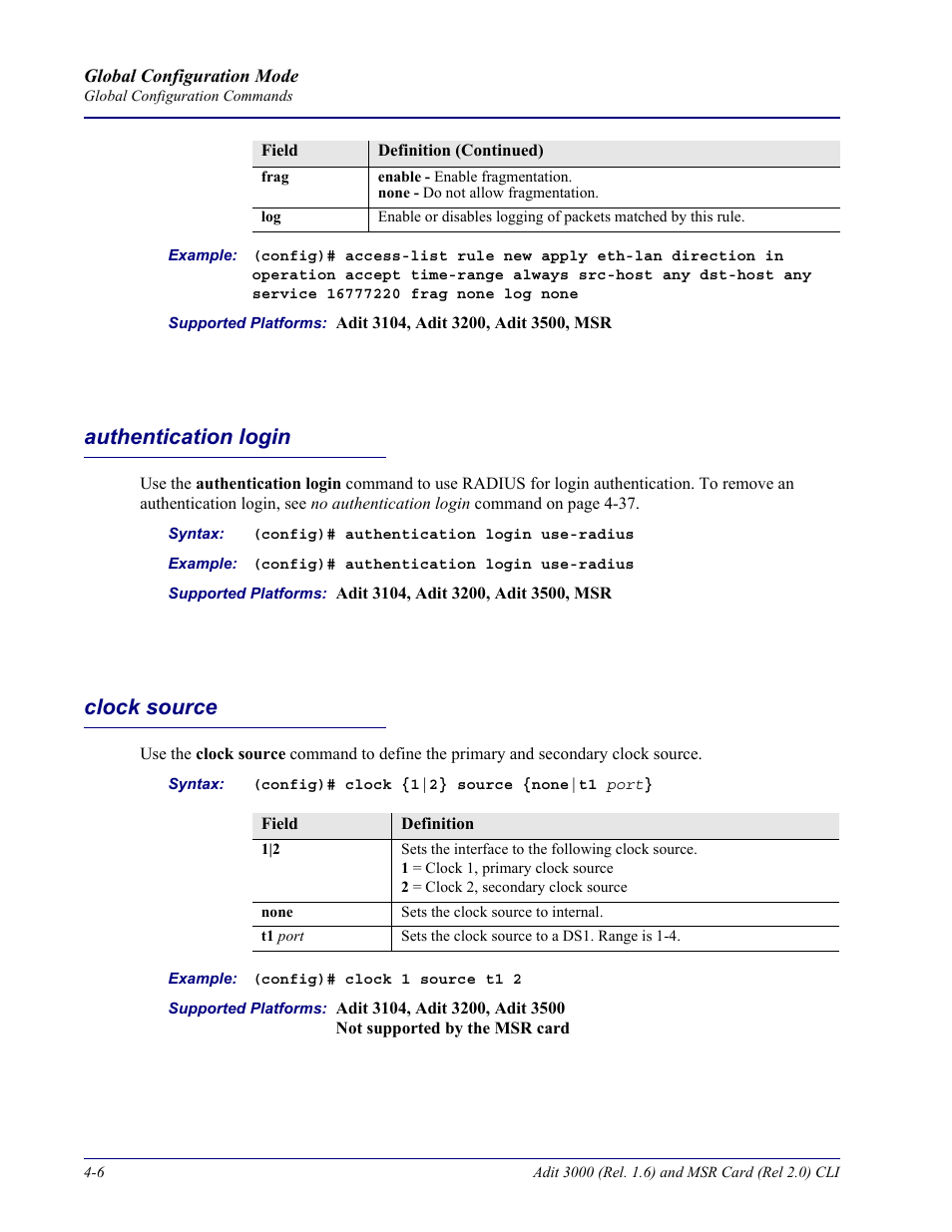 Authentication login, Clock source, Authentication login -6 clock source -6 | Carrier Access Adit 3000 Series and Multi-Service Router (MSR) Card none User Manual | Page 132 / 496