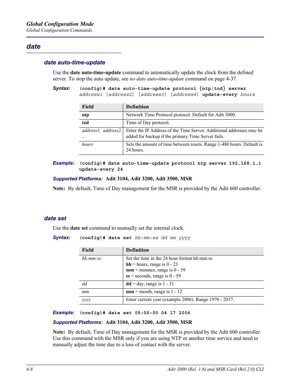 Date, Date auto-time-update, Date set | Date -8 | Carrier Access Adit 3000 Series and Multi-Service Router (MSR) Card none User Manual | Page 134 / 496