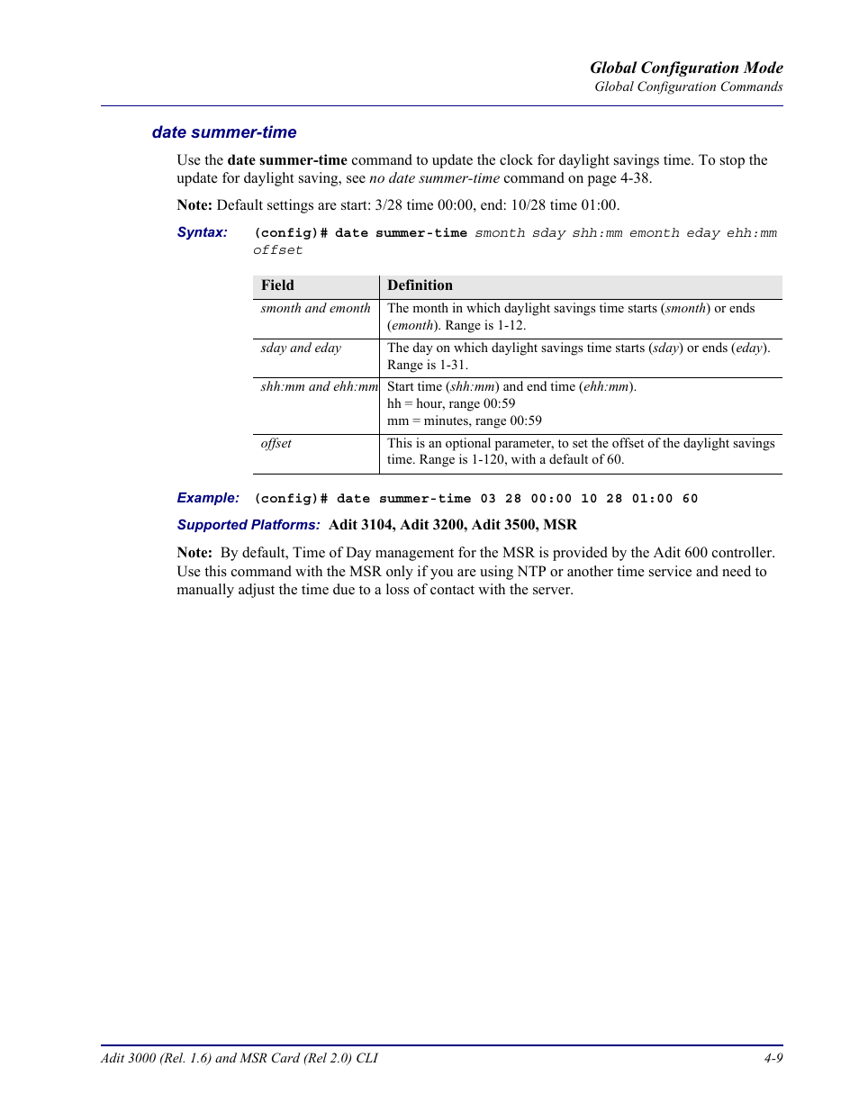 Date summer-time | Carrier Access Adit 3000 Series and Multi-Service Router (MSR) Card none User Manual | Page 135 / 496