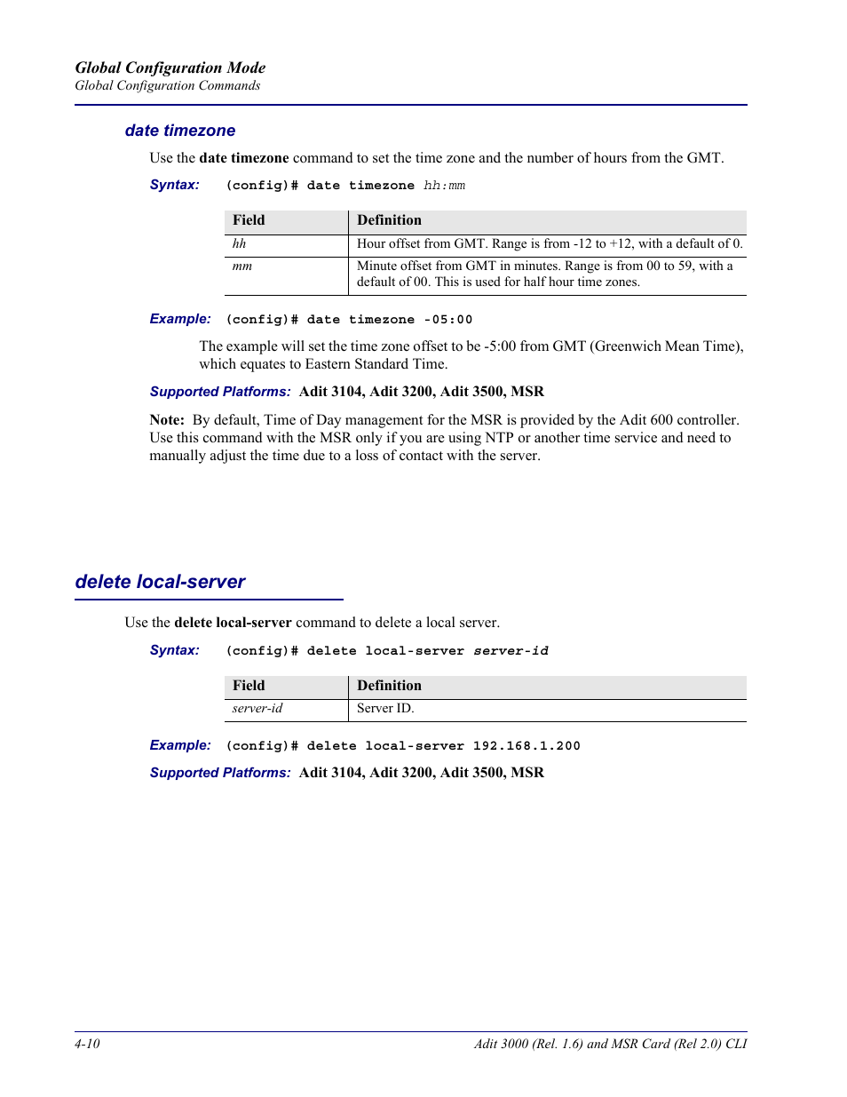 Date timezone, Delete local-server, Delete local-server -10 | Carrier Access Adit 3000 Series and Multi-Service Router (MSR) Card none User Manual | Page 136 / 496