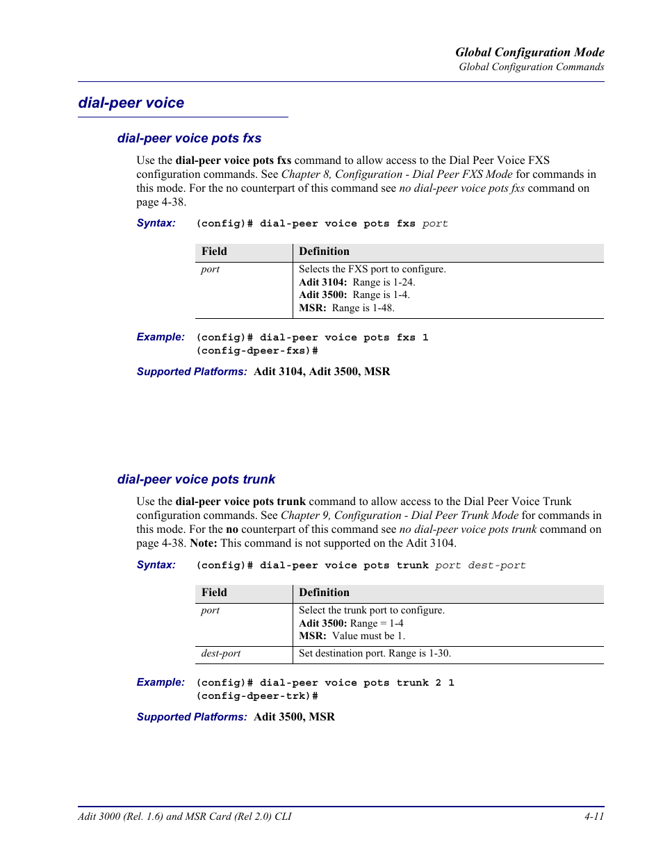 Dial-peer voice, Dial-peer voice pots fxs, Dial-peer voice pots trunk | Dial-peer voice -11 | Carrier Access Adit 3000 Series and Multi-Service Router (MSR) Card none User Manual | Page 137 / 496