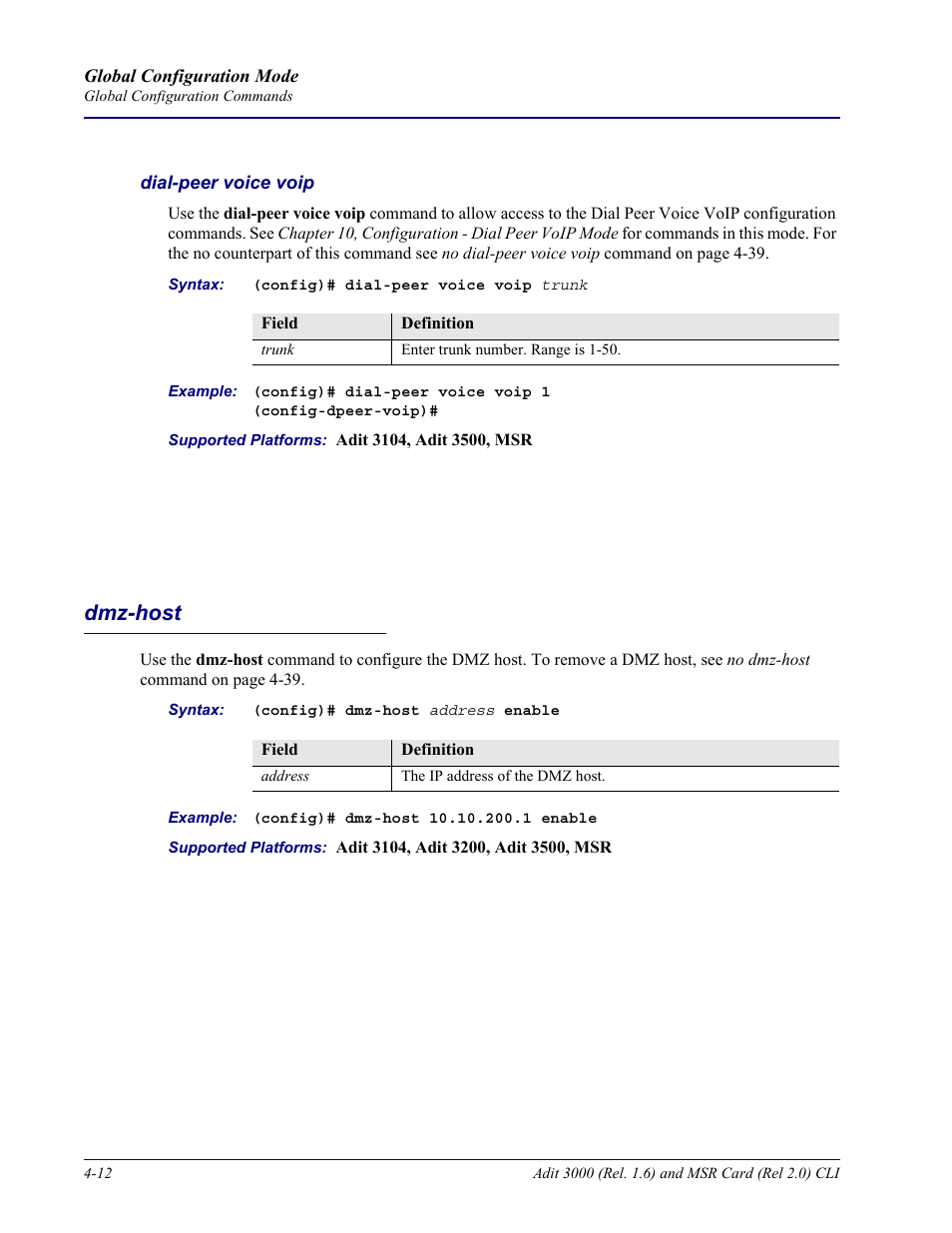 Dial-peer voice voip, Dmz-host, Dmz-host -12 | Carrier Access Adit 3000 Series and Multi-Service Router (MSR) Card none User Manual | Page 138 / 496
