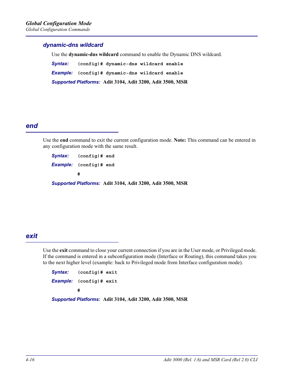 Dynamic-dns wildcard, Exit, End -16 exit -16 | Carrier Access Adit 3000 Series and Multi-Service Router (MSR) Card none User Manual | Page 142 / 496