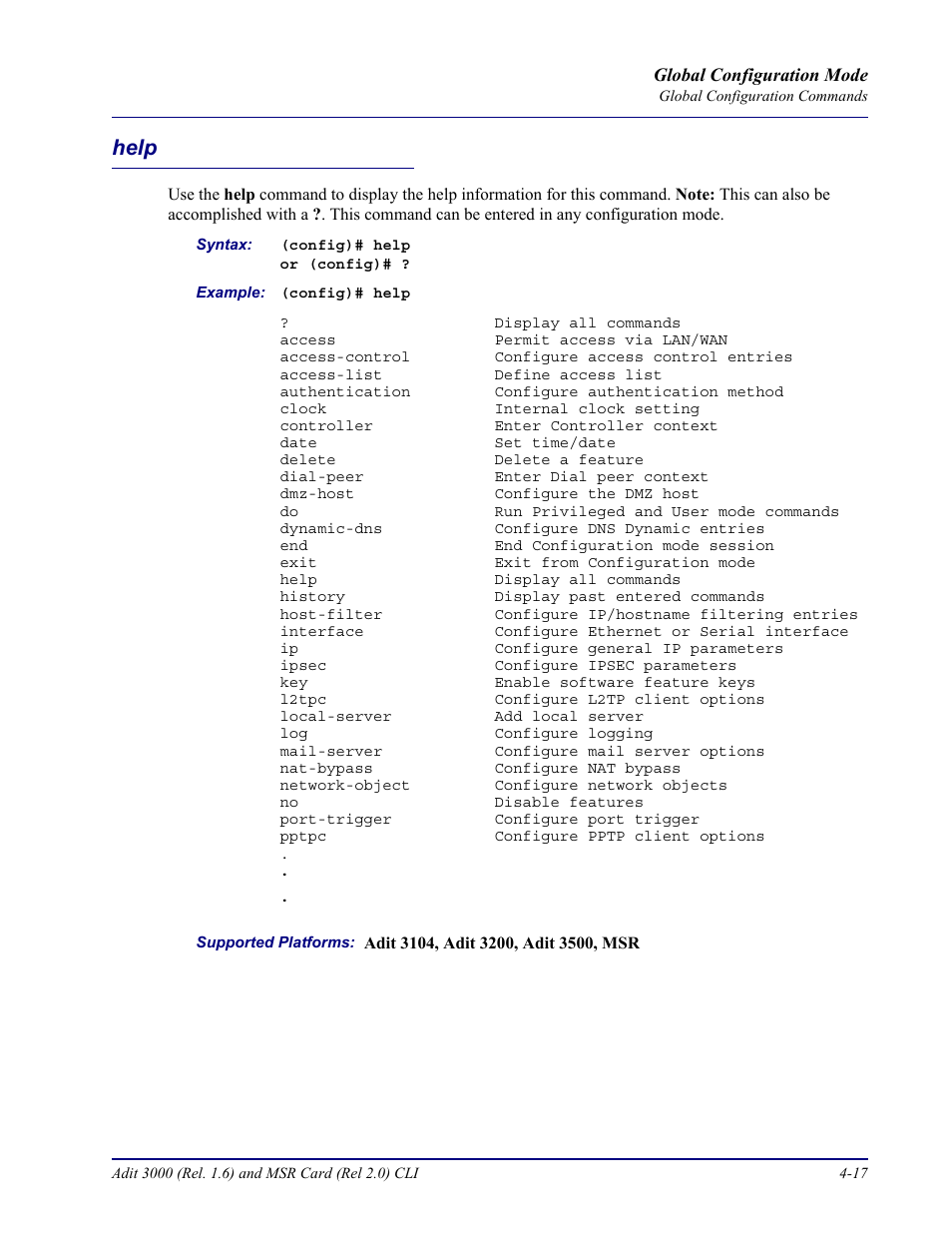 Help, Help -17 | Carrier Access Adit 3000 Series and Multi-Service Router (MSR) Card none User Manual | Page 143 / 496