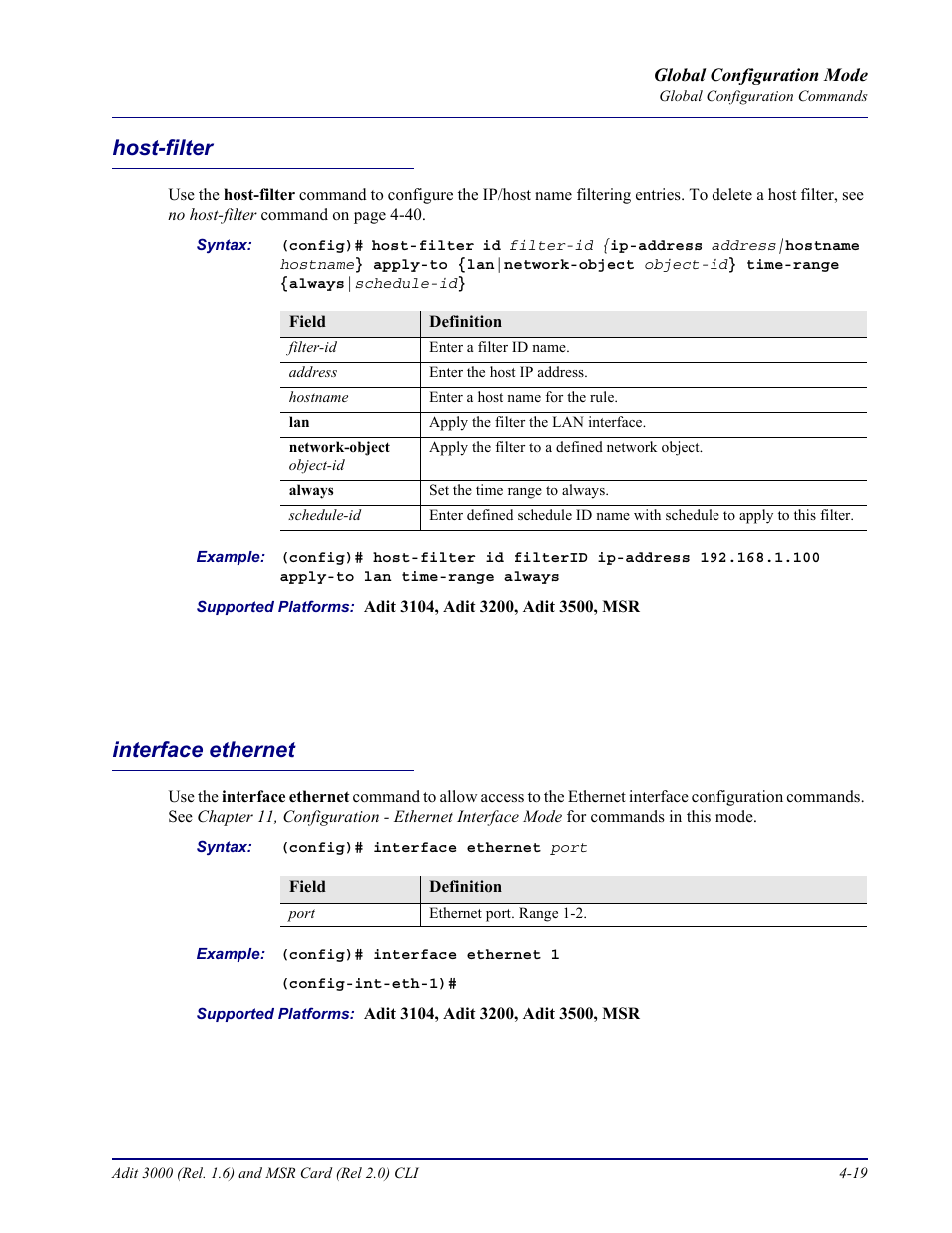 Host-filter, Interface ethernet, Host-filter -19 interface ethernet -19 | Carrier Access Adit 3000 Series and Multi-Service Router (MSR) Card none User Manual | Page 145 / 496