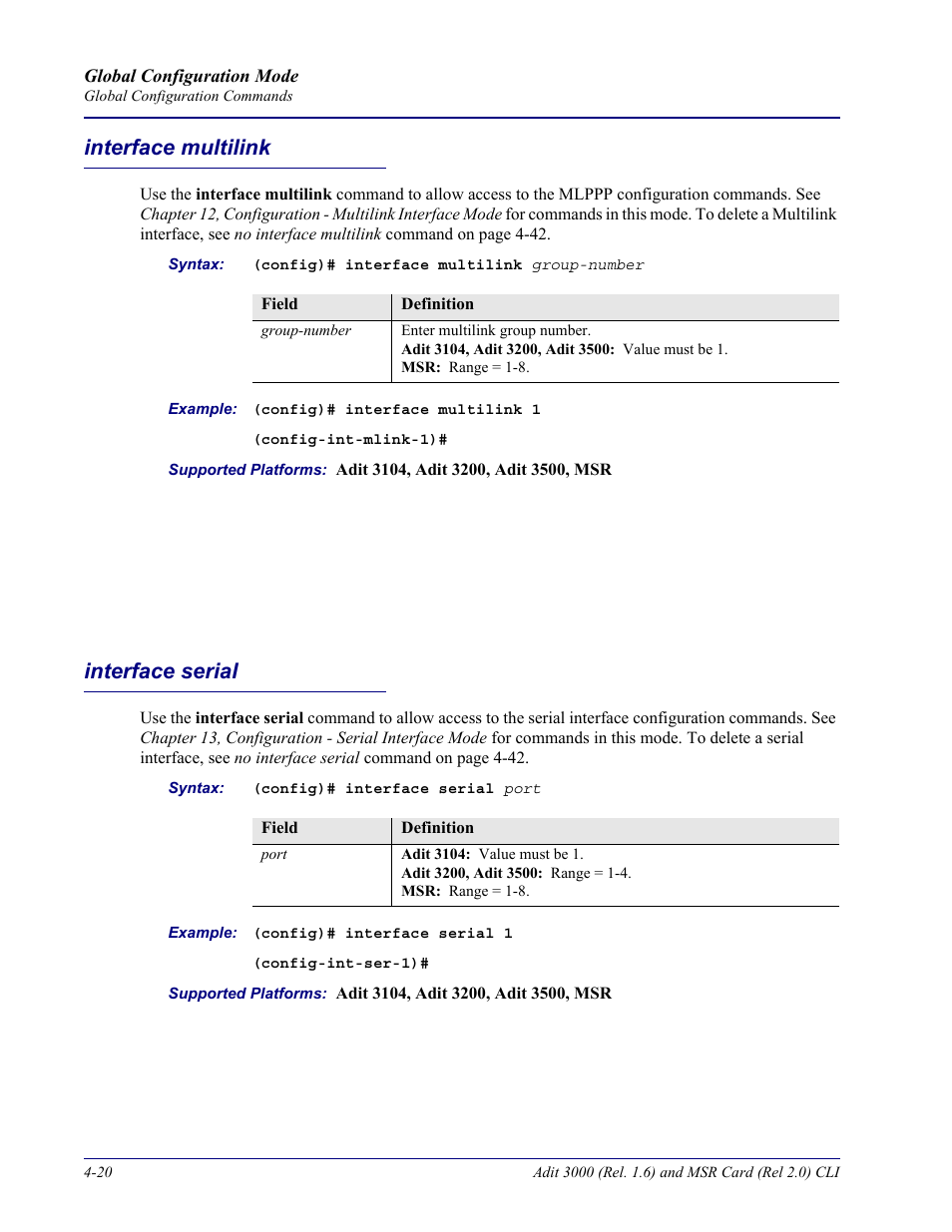 Interface multilink, Interface serial, Interface multilink -20 interface serial -20 | Carrier Access Adit 3000 Series and Multi-Service Router (MSR) Card none User Manual | Page 146 / 496