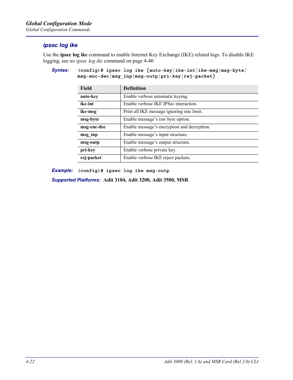 Ipsec log ike | Carrier Access Adit 3000 Series and Multi-Service Router (MSR) Card none User Manual | Page 148 / 496