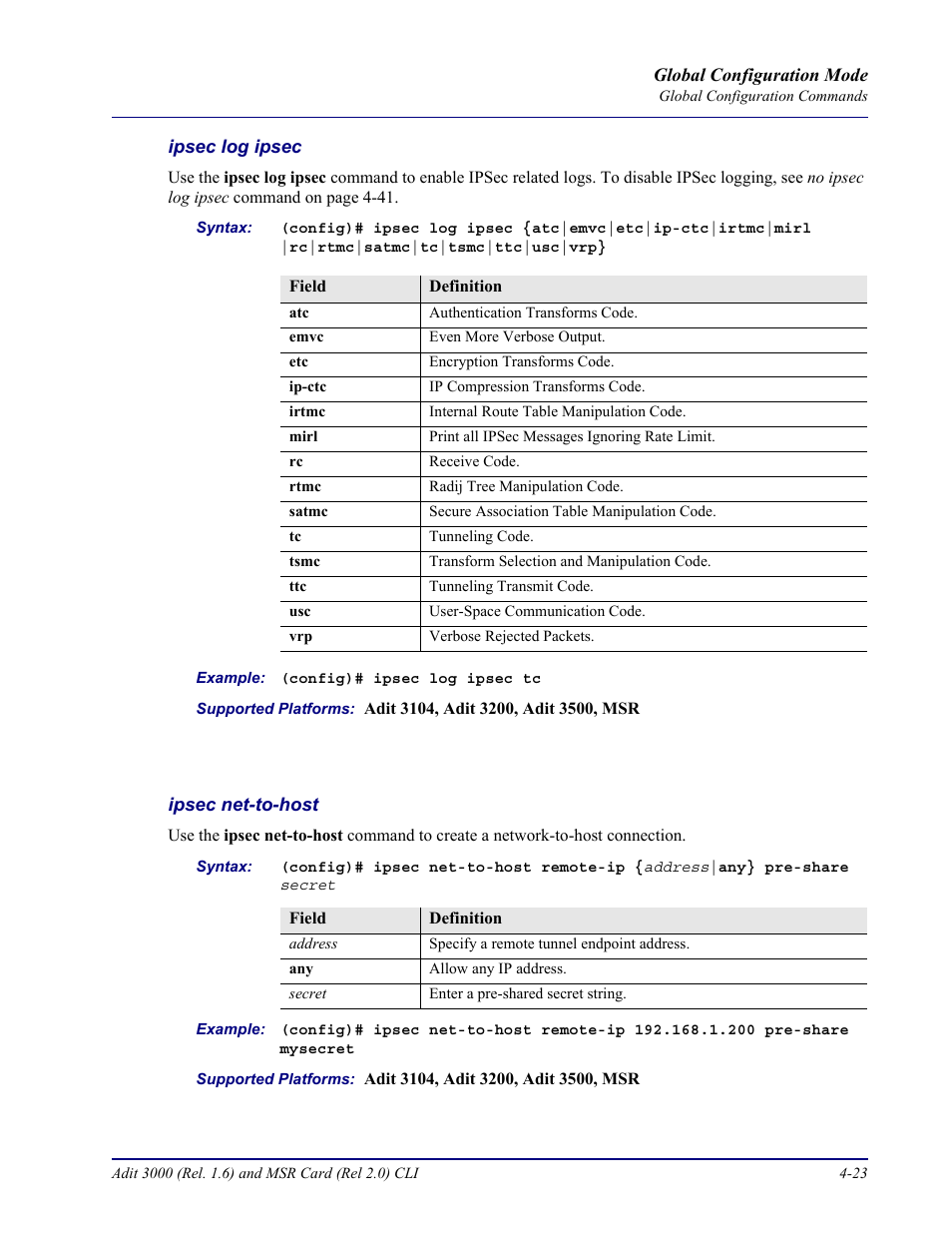 Ipsec log ipsec, Ipsec net-to-host | Carrier Access Adit 3000 Series and Multi-Service Router (MSR) Card none User Manual | Page 149 / 496