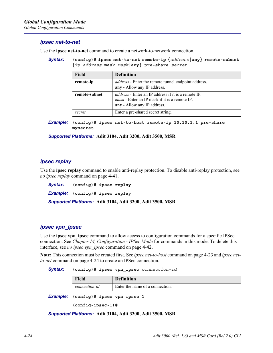 Ipsec net-to-net, Ipsec replay, Ipsec vpn_ipsec | Carrier Access Adit 3000 Series and Multi-Service Router (MSR) Card none User Manual | Page 150 / 496