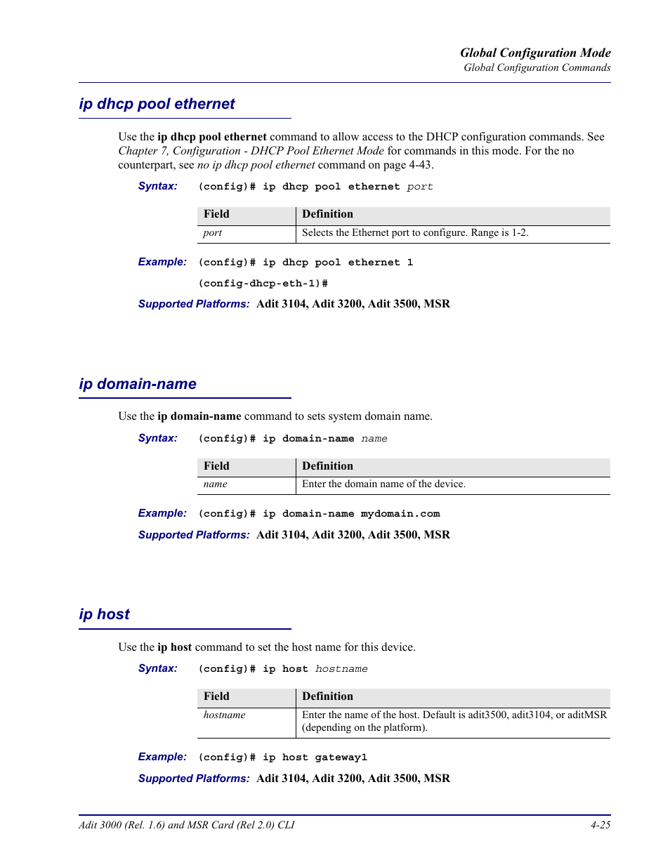 Ip dhcp pool ethernet, Ip domain-name, Ip host | Carrier Access Adit 3000 Series and Multi-Service Router (MSR) Card none User Manual | Page 151 / 496
