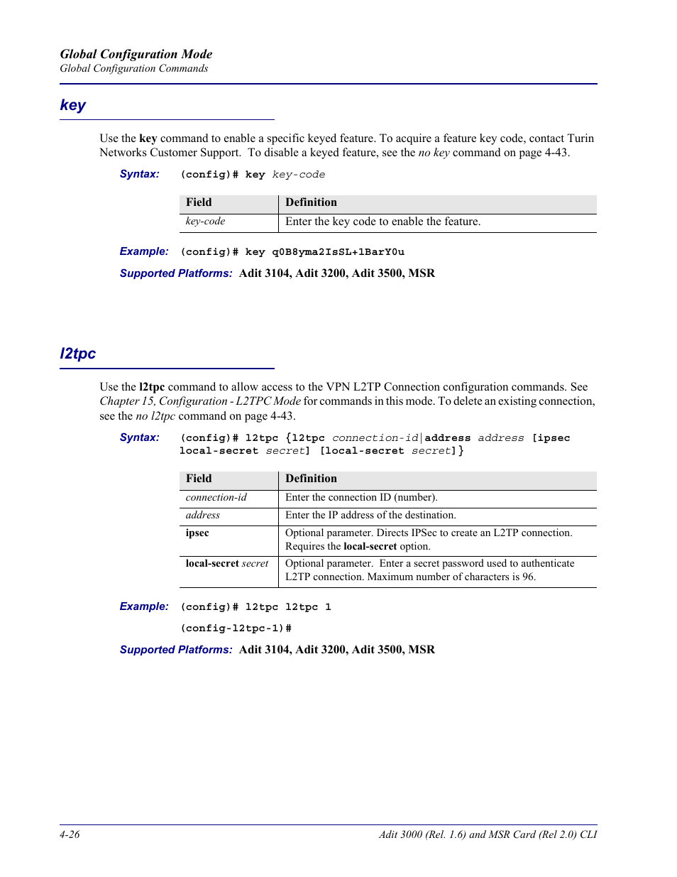 L2tpc, Key -26 l2tpc -26 | Carrier Access Adit 3000 Series and Multi-Service Router (MSR) Card none User Manual | Page 152 / 496