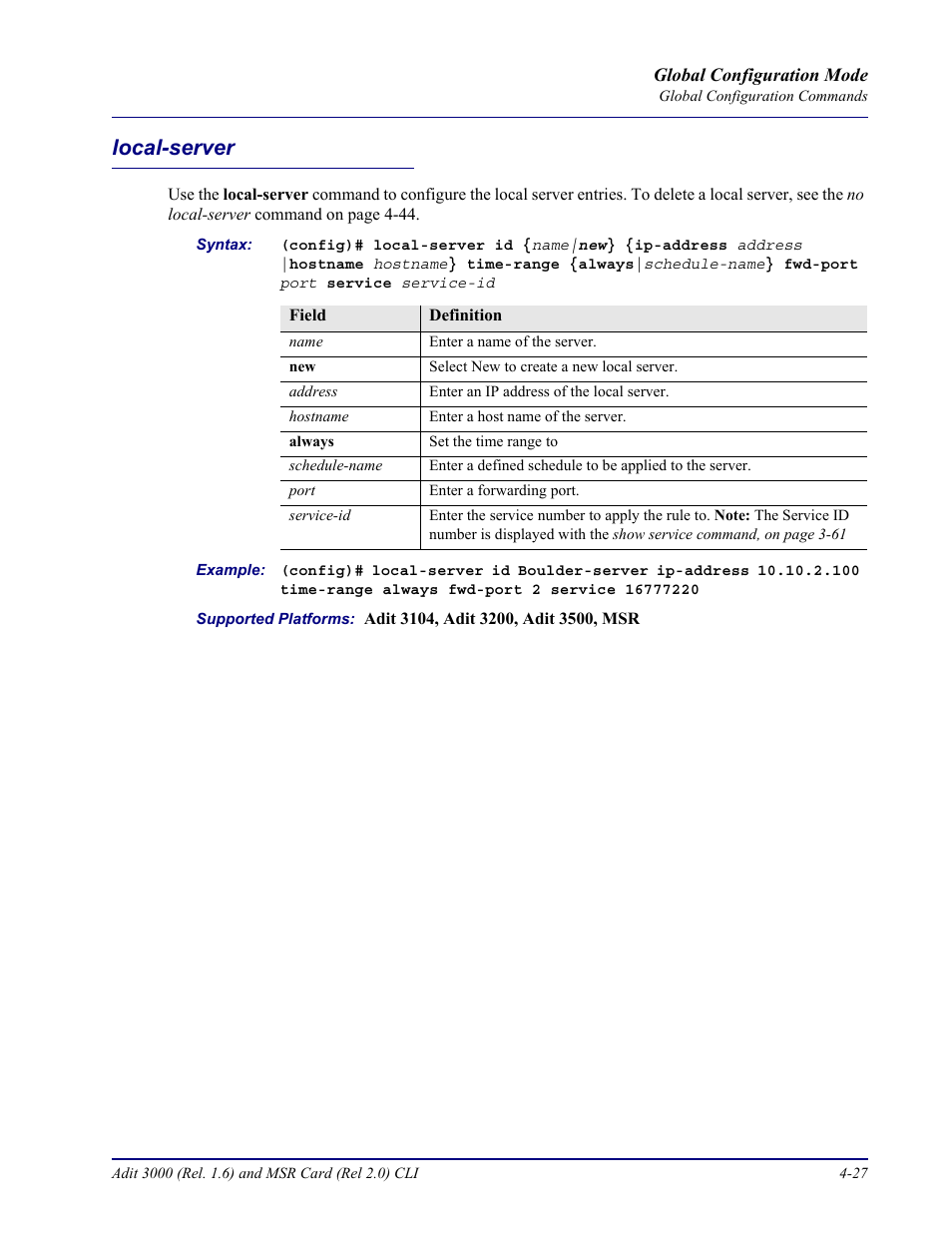 Local-server, Local-server -27 | Carrier Access Adit 3000 Series and Multi-Service Router (MSR) Card none User Manual | Page 153 / 496
