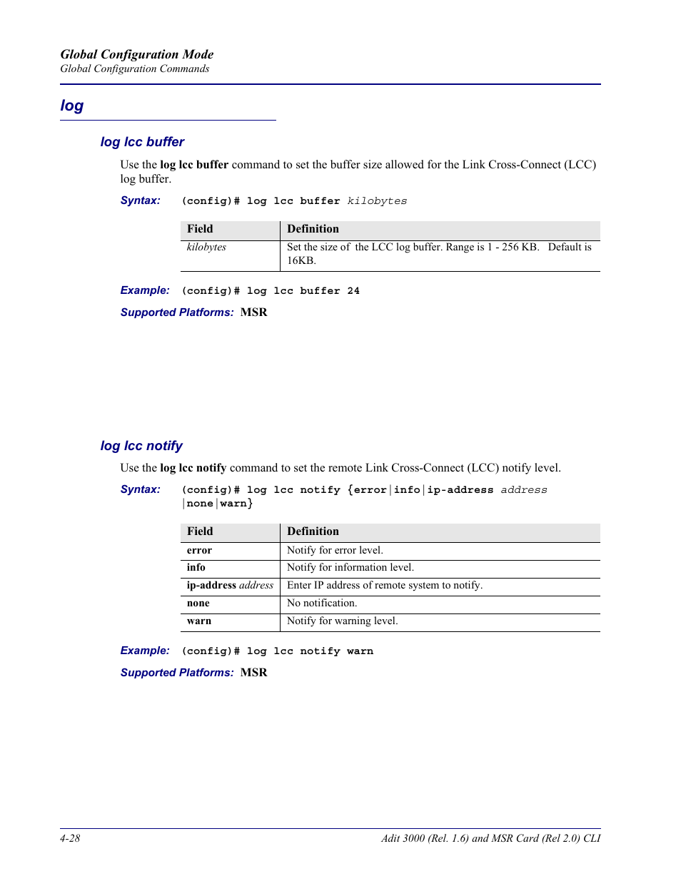 Log lcc buffer, Log lcc notify, Log -28 | Carrier Access Adit 3000 Series and Multi-Service Router (MSR) Card none User Manual | Page 154 / 496