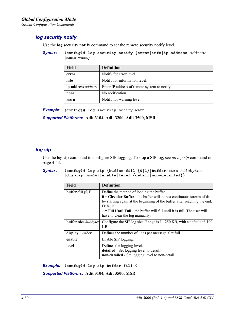 Log security notify, Log sip | Carrier Access Adit 3000 Series and Multi-Service Router (MSR) Card none User Manual | Page 156 / 496