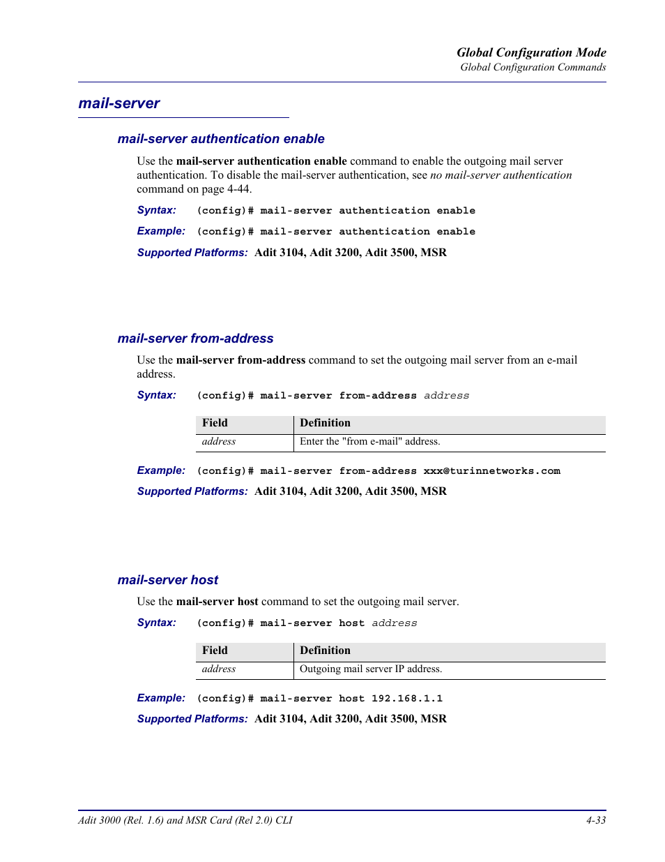 Mail-server, Mail-server authentication enable, Mail-server from-address | Mail-server host, Mail-server -33 | Carrier Access Adit 3000 Series and Multi-Service Router (MSR) Card none User Manual | Page 159 / 496