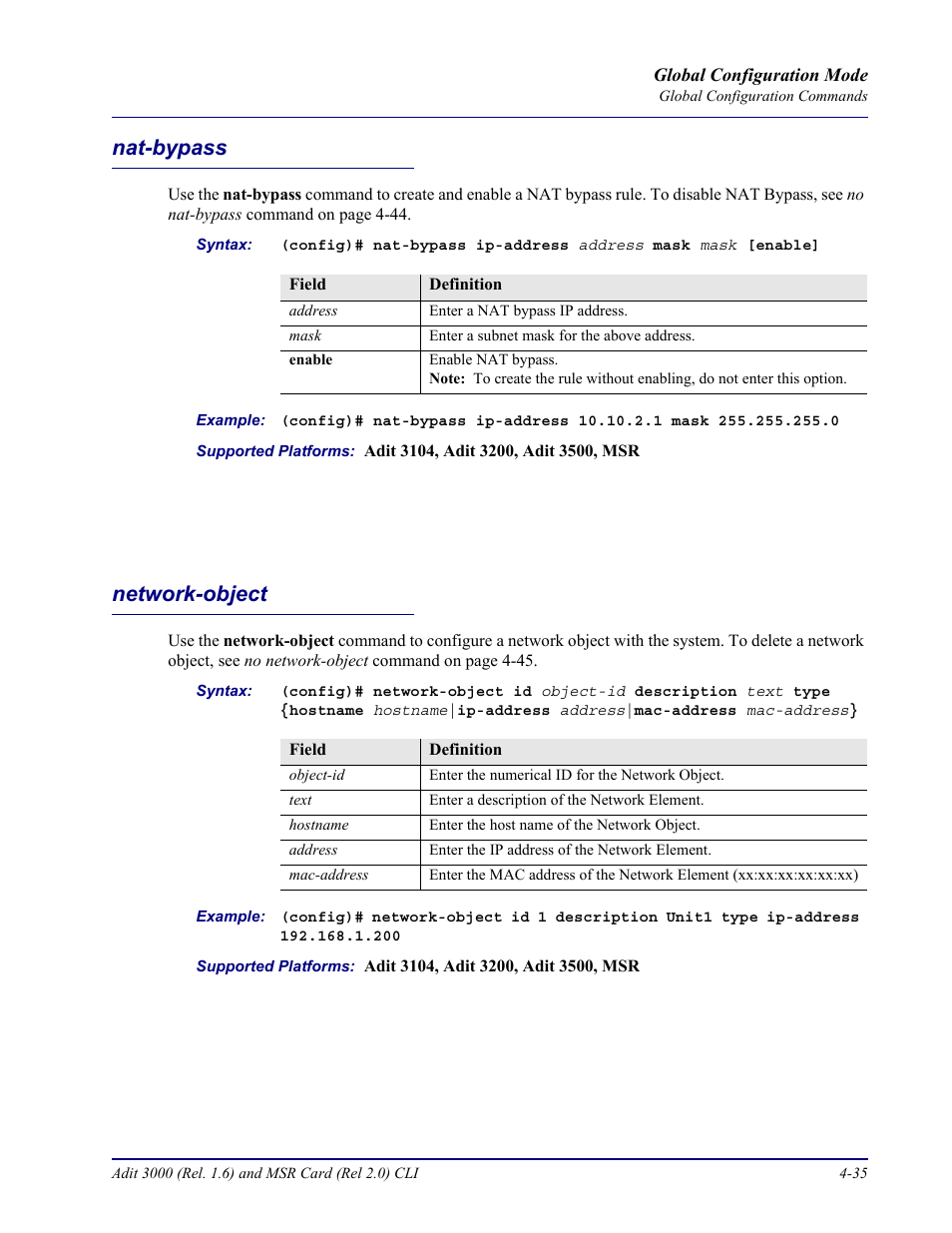 Nat-bypass, Network-object, Nat-bypass -35 network-object -35 | Carrier Access Adit 3000 Series and Multi-Service Router (MSR) Card none User Manual | Page 161 / 496
