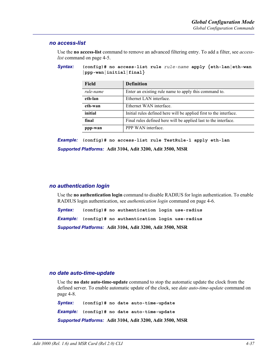 No access-list, No authentication login, No date auto-time-update | Carrier Access Adit 3000 Series and Multi-Service Router (MSR) Card none User Manual | Page 163 / 496