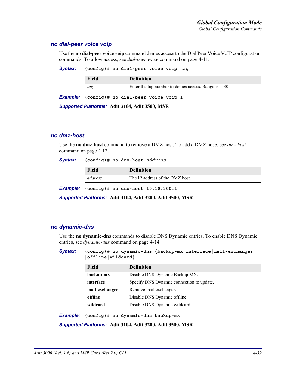 No dial-peer voice voip, No dmz-host, No dynamic-dns | Carrier Access Adit 3000 Series and Multi-Service Router (MSR) Card none User Manual | Page 165 / 496