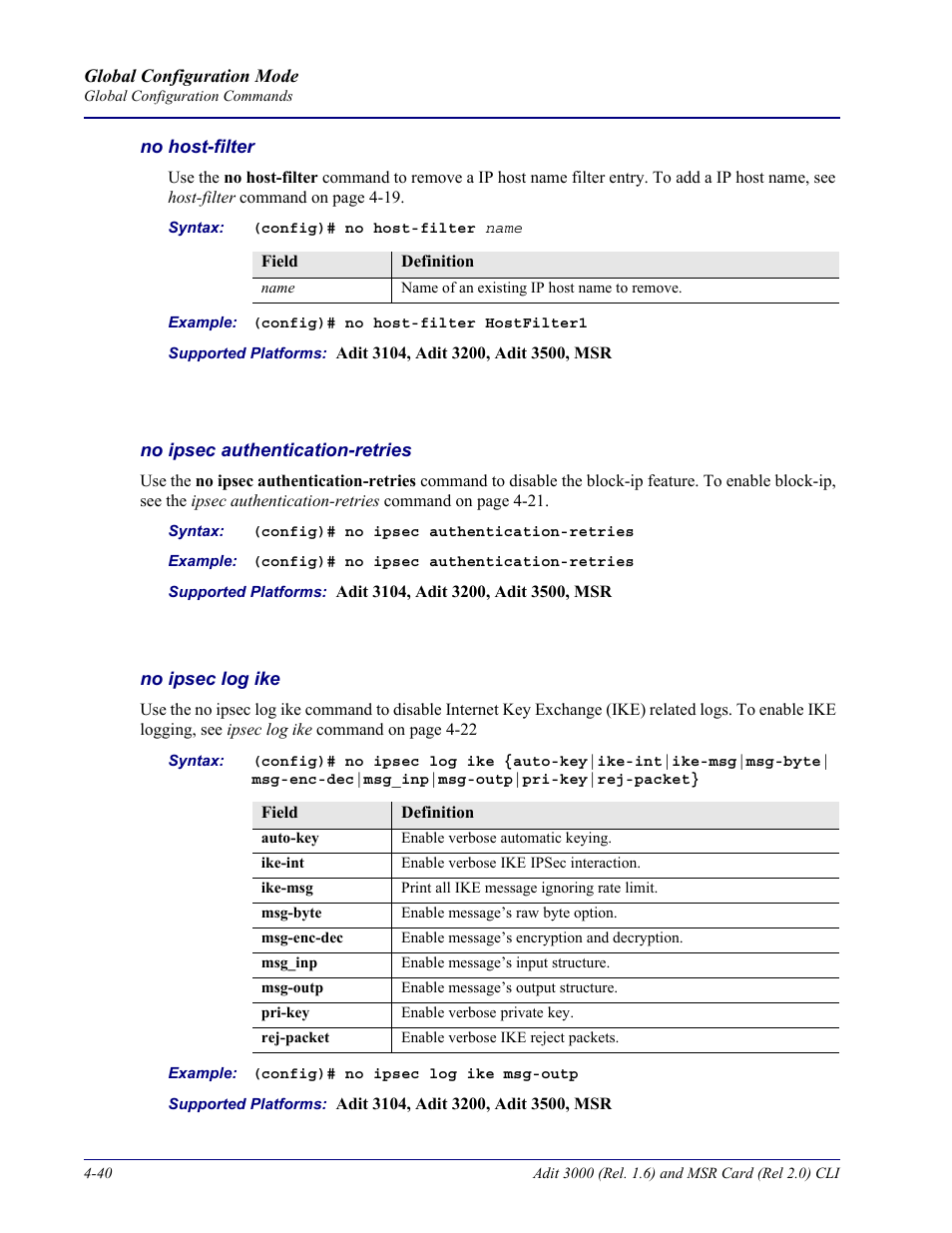 No host-filter, No ipsec authentication-retries, No ipsec log ike | Carrier Access Adit 3000 Series and Multi-Service Router (MSR) Card none User Manual | Page 166 / 496