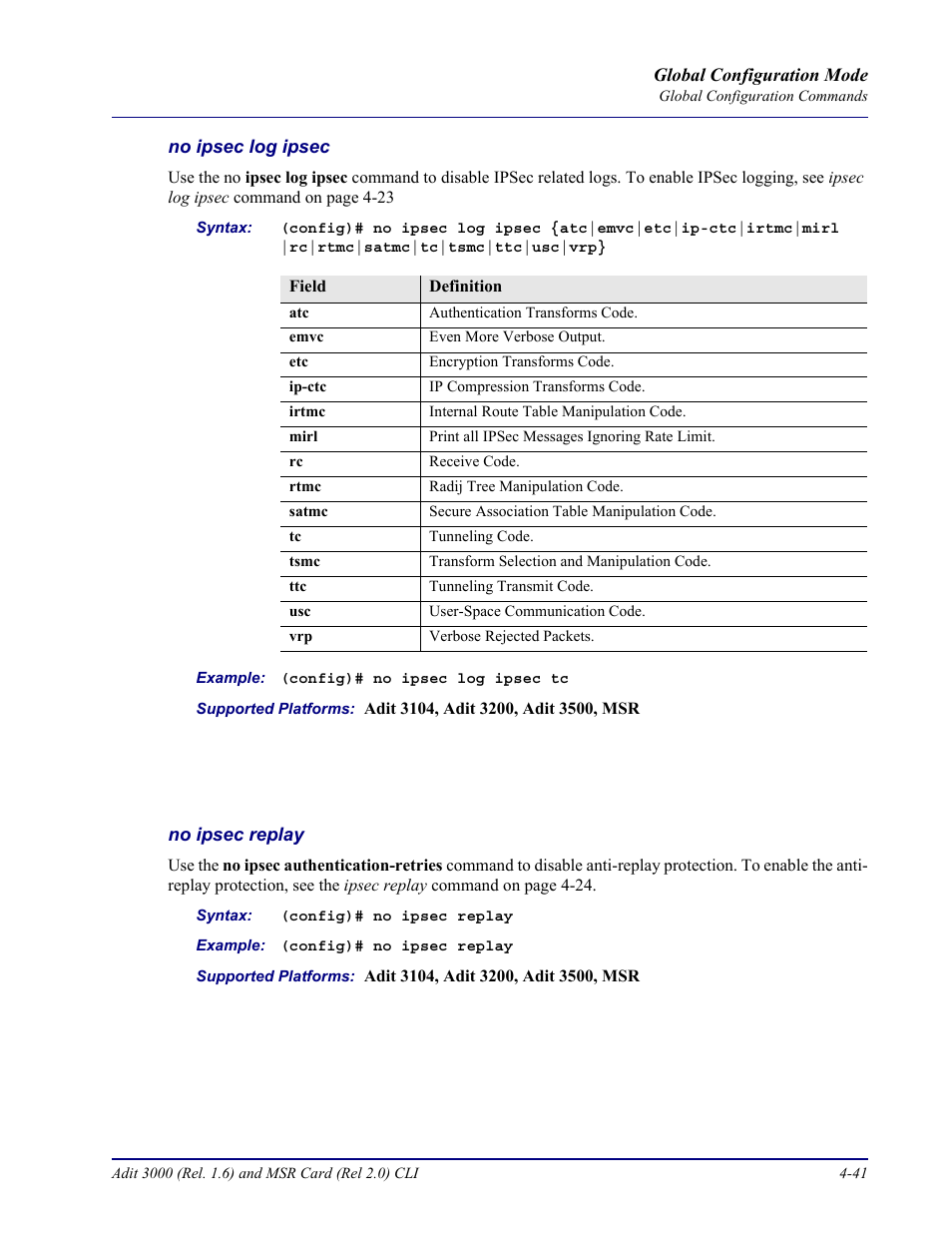 No ipsec log ipsec, No ipsec replay | Carrier Access Adit 3000 Series and Multi-Service Router (MSR) Card none User Manual | Page 167 / 496