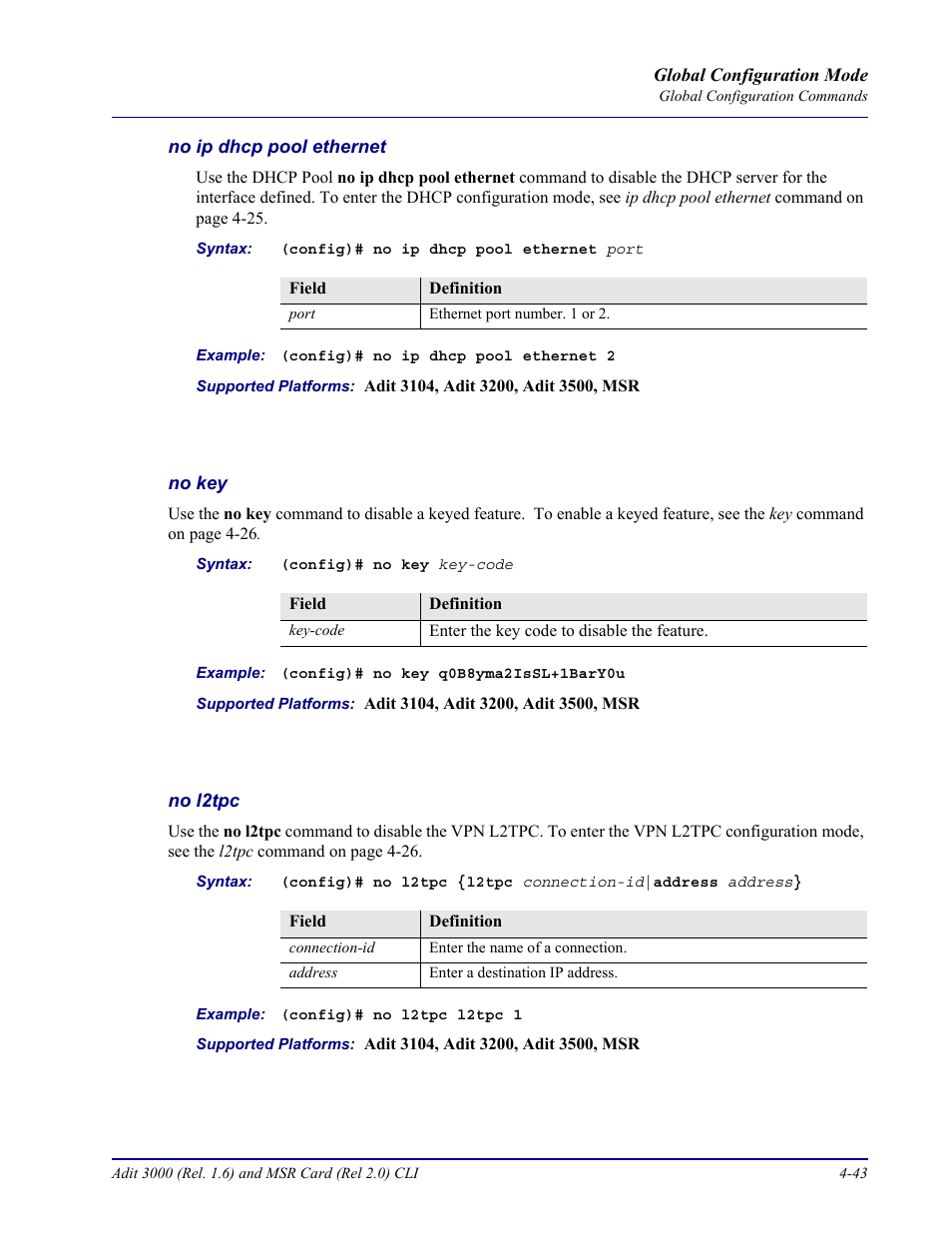 No ip dhcp pool ethernet, No l2tpc, No local-server | Carrier Access Adit 3000 Series and Multi-Service Router (MSR) Card none User Manual | Page 169 / 496