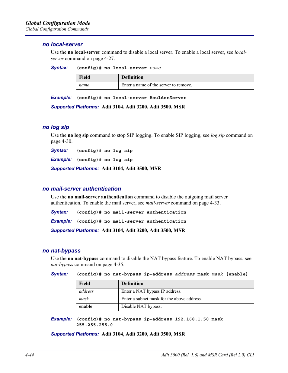 No log sip, No mail-server authentication, No nat-bypass | Carrier Access Adit 3000 Series and Multi-Service Router (MSR) Card none User Manual | Page 170 / 496