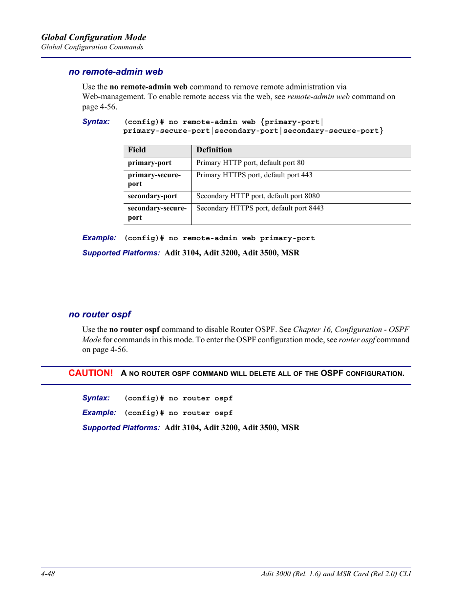 No remote-admin web, No router ospf | Carrier Access Adit 3000 Series and Multi-Service Router (MSR) Card none User Manual | Page 174 / 496